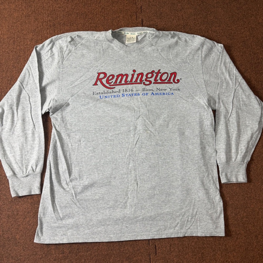 B+ VTG Nice Remington Mens Long Sleeve Graphic T-Shirt Gray Logo Ilion NY Large